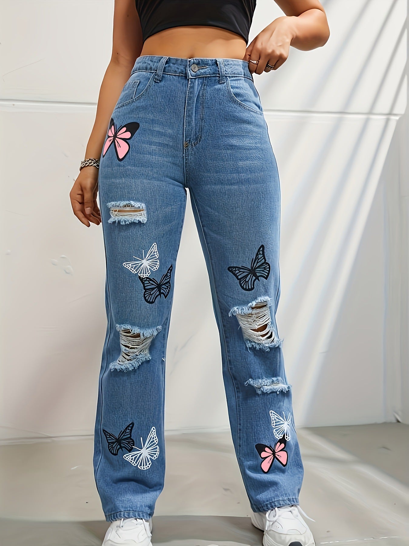 High Waisted Straight Leg Jeans for Women Trendy Butterfly Print Ripped Distressed Denim Pants