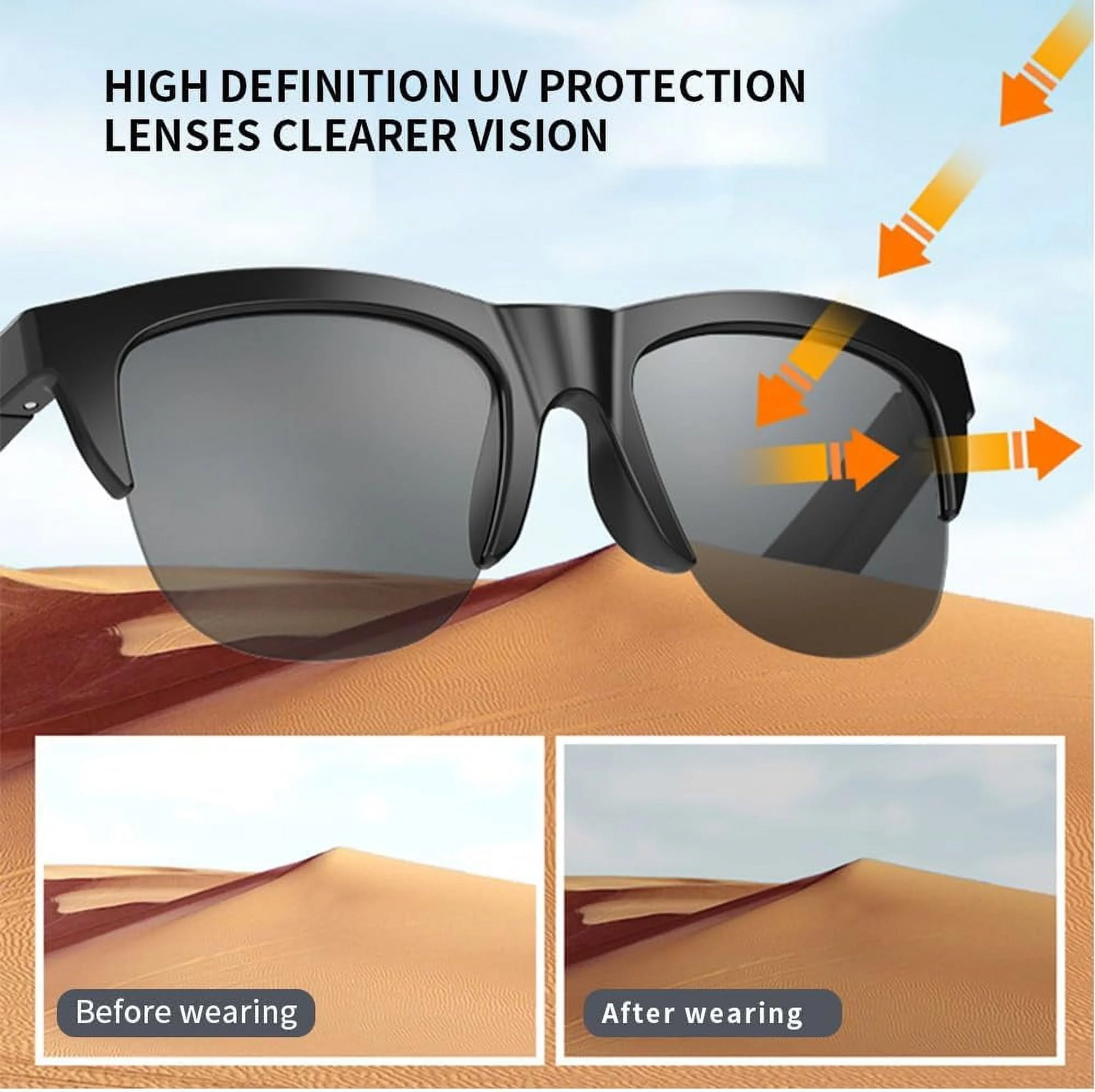 Smart Bluetooth Polarized Sunglasses with Speaker, UV Protection, Unisex, Black