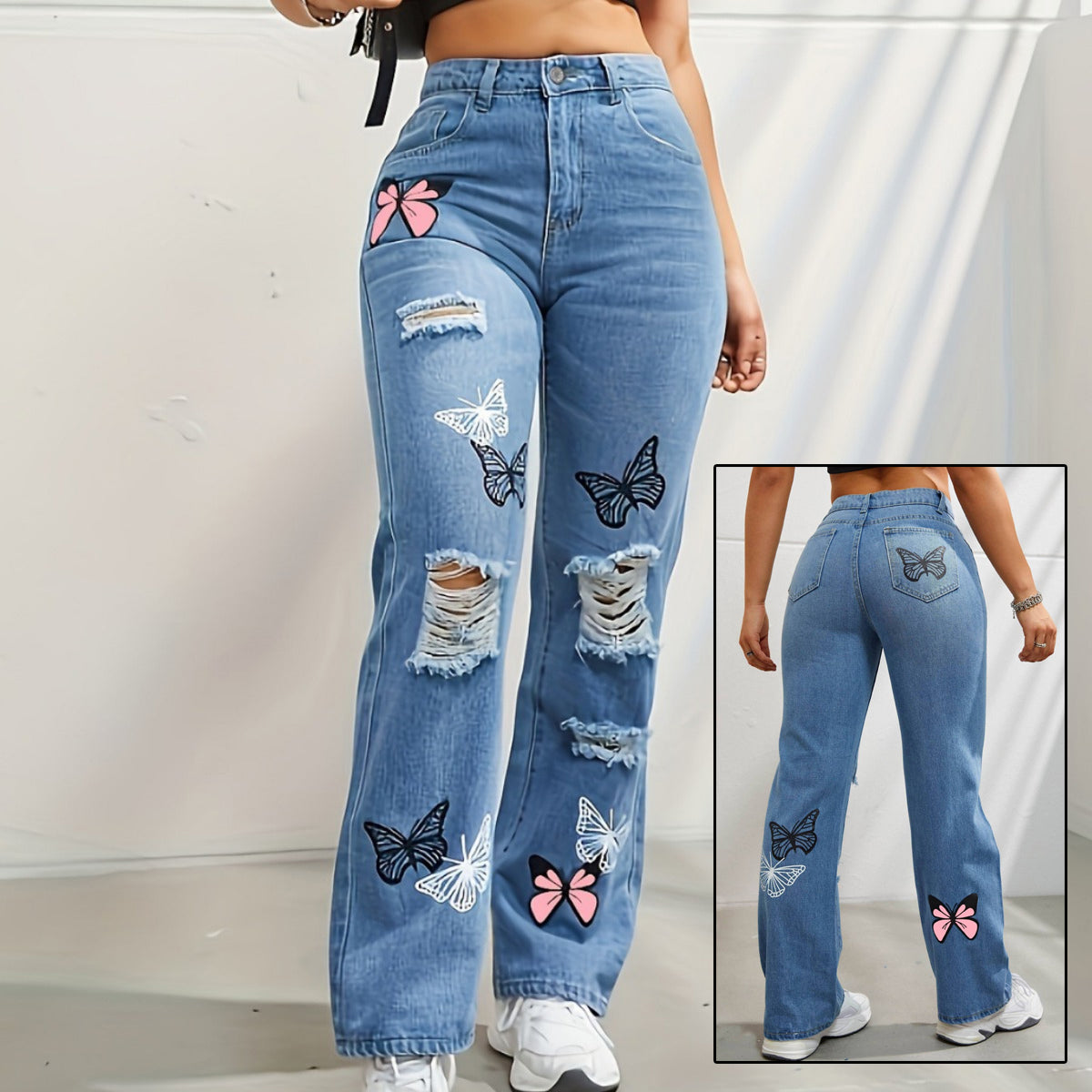 High Waisted Straight Leg Jeans for Women Trendy Butterfly Print Ripped Distressed Denim Pants